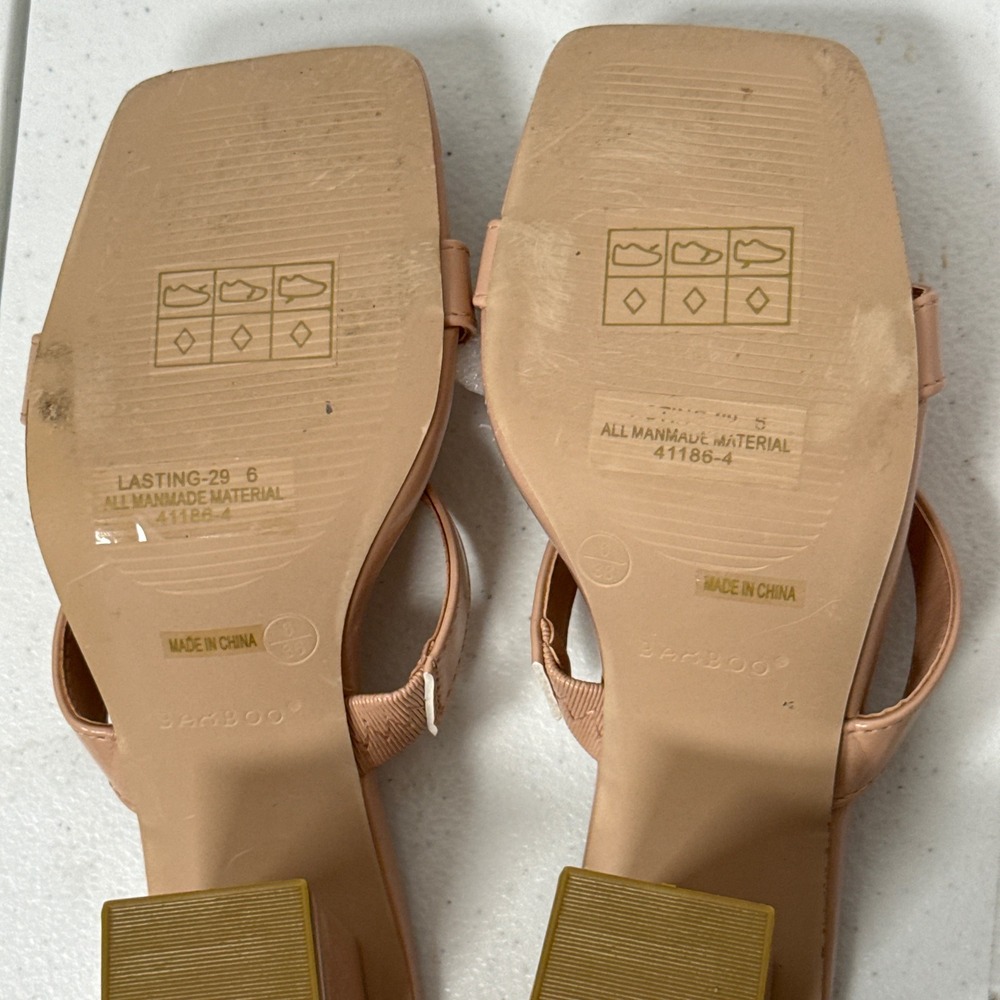 Bamboo Square Toe Block Heel Sandals Womens Size 6 Lasting 29 Nude Patent Shoes - Picture 4 of 6